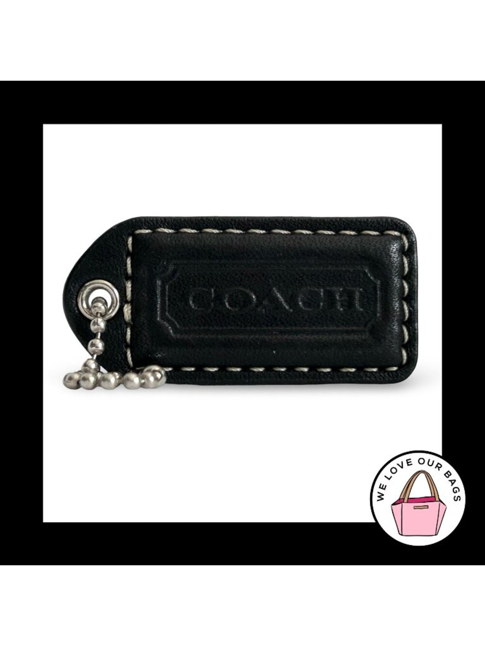 COACH Y2K VINTAGE Hang Tag 2" Black Leather Bag Charm Keychain Fob Nickel Medium